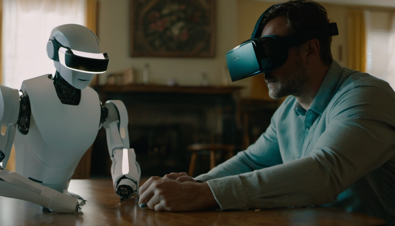 A white home robot and a person in a VR headset at the same table: the person is the one making the robot's moves
