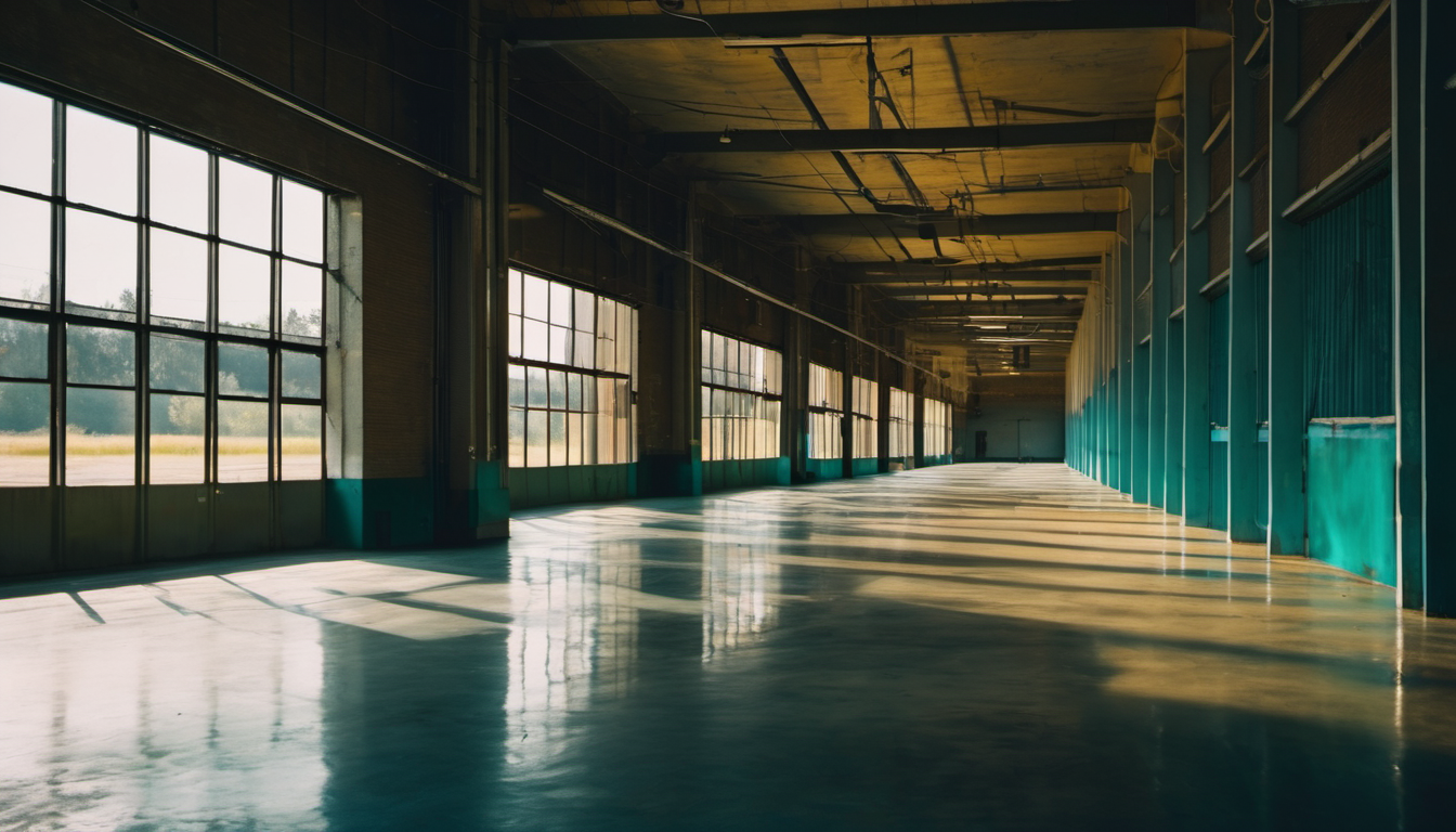 An empty warehouse corridor, warm light on one side and cool teal shadow on the other